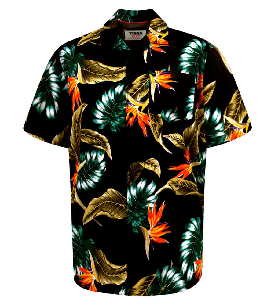 Duke Clothing Selby zwarte Hawaiian polo, met opvallende bloemenprint en korte mouwen, maat 2XL t/m 5XL.