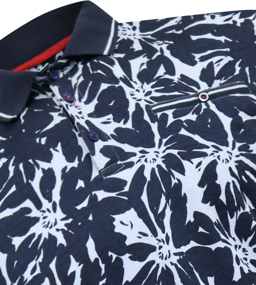 Duke Clothing HALIFAX-AOP Hawaiian print polo in navy with floral design, perfect voor grotere maten.