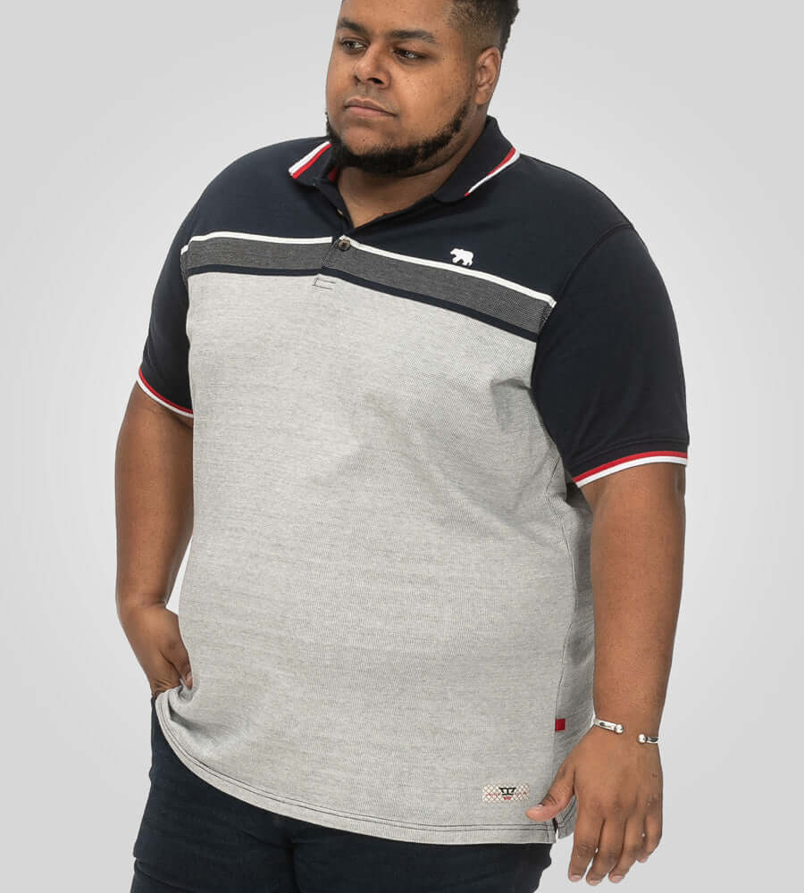 Duke Clothing TIPTON stripe jacquard polo in gray and navy for larger men, featuring a button closure and regular fit.