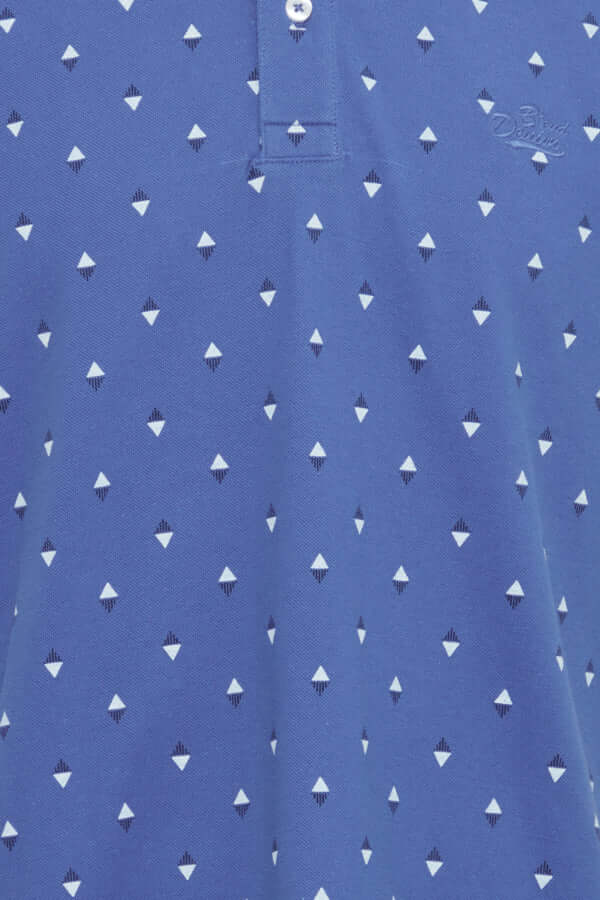Blend Polo Print Opdruk Delft Blue met geometrisch patroon, knoopsluiting en borduursel op de borst.