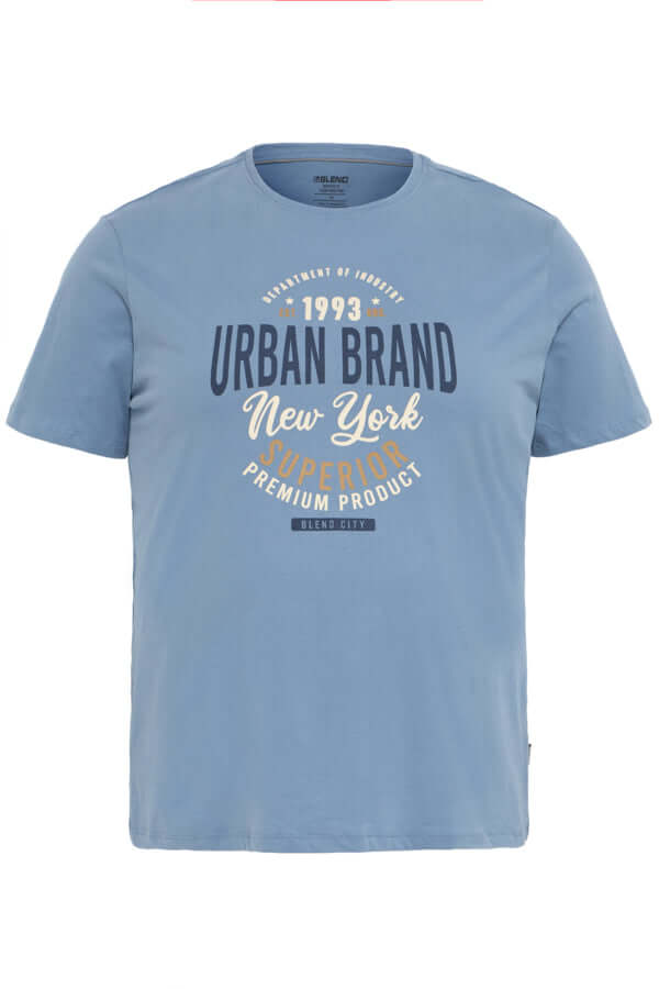 Blend T-Shirt in lichtblauw met Urban Brand New York opdruk, 100% katoen, regular fit, grote maten 2XL t/m 6XL.