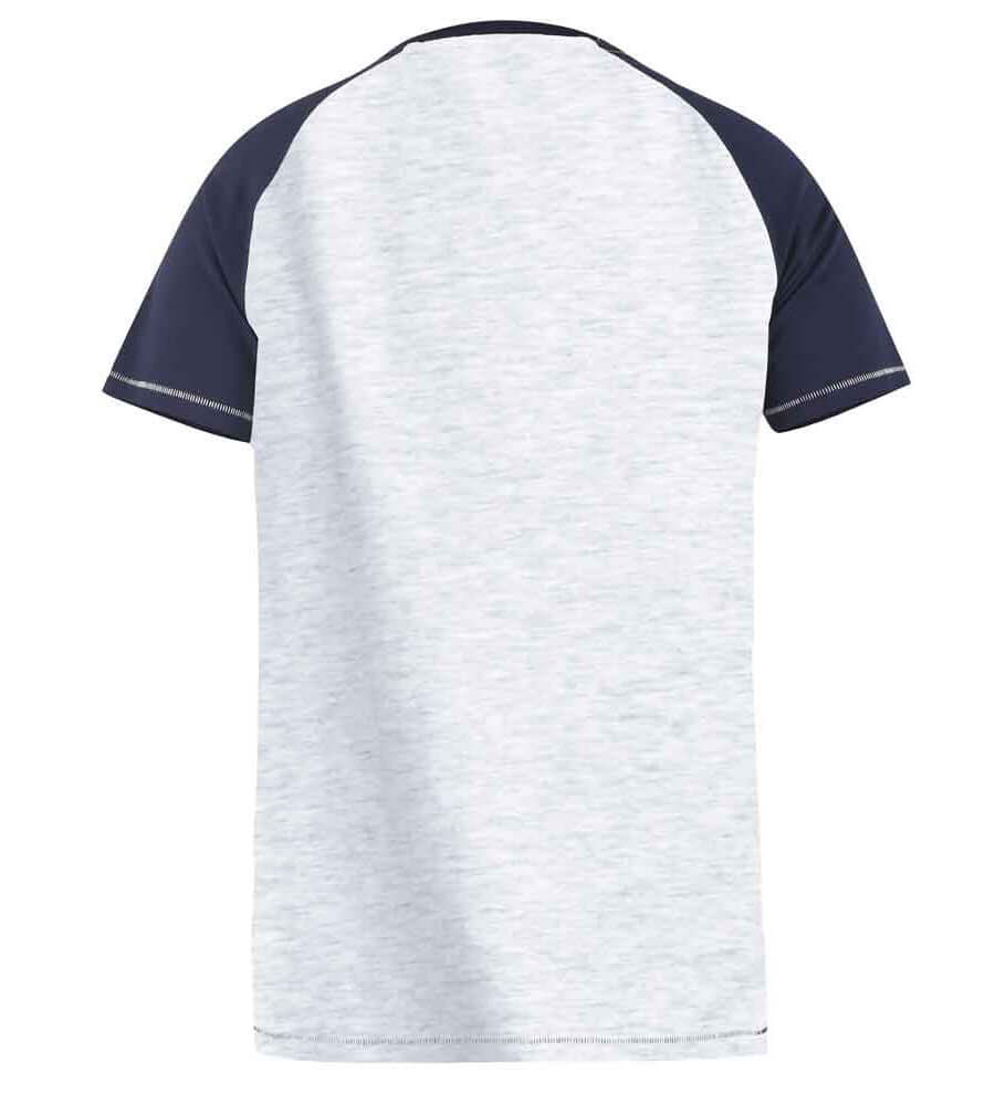 Achteraanzicht van een heather grey raglan t-shirt met navy accenten, ideaal voor casual outfits.