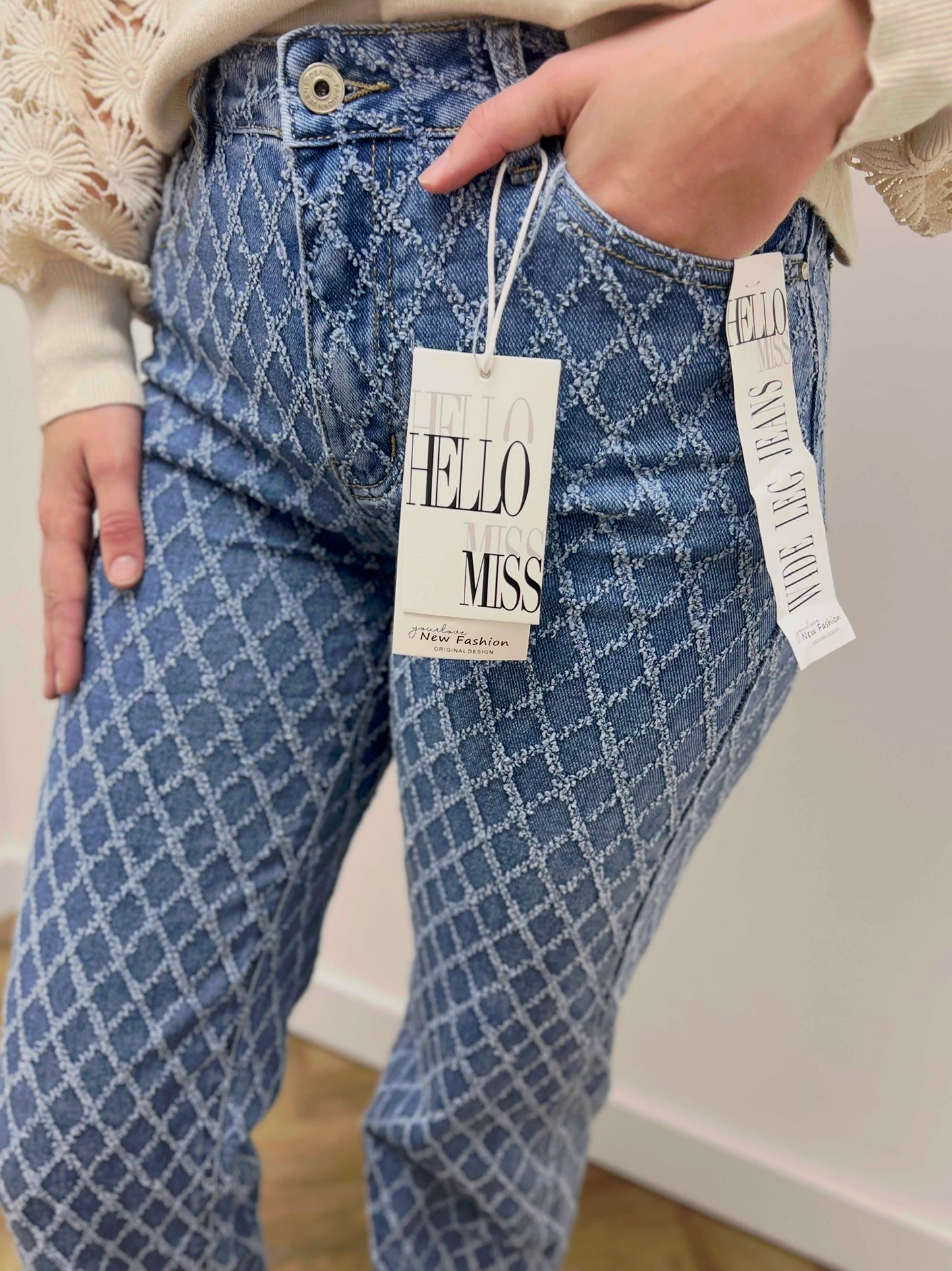 Hello Miss Wide Leg Jeans Met Ruitpatroon