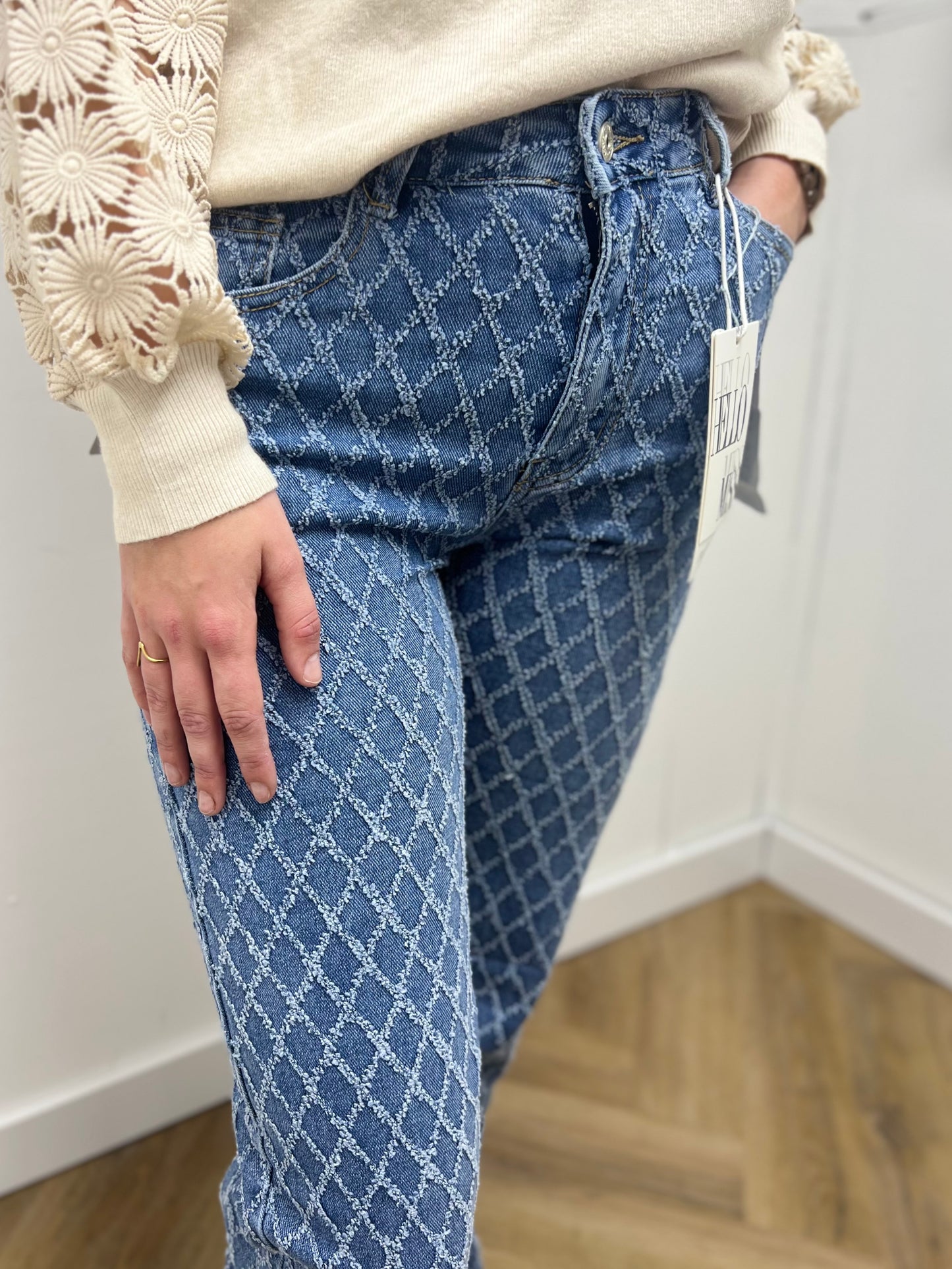 Hello Miss Wide Leg Jeans Met Ruitpatroon