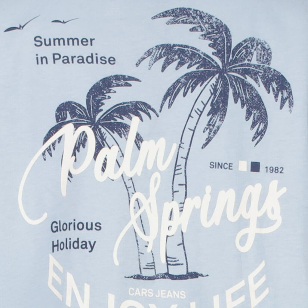Polo Suroso Grey Blue van Cars Jeans met tropische palmenprint en de tekst 'Palm Springs' voor een zomerse look.