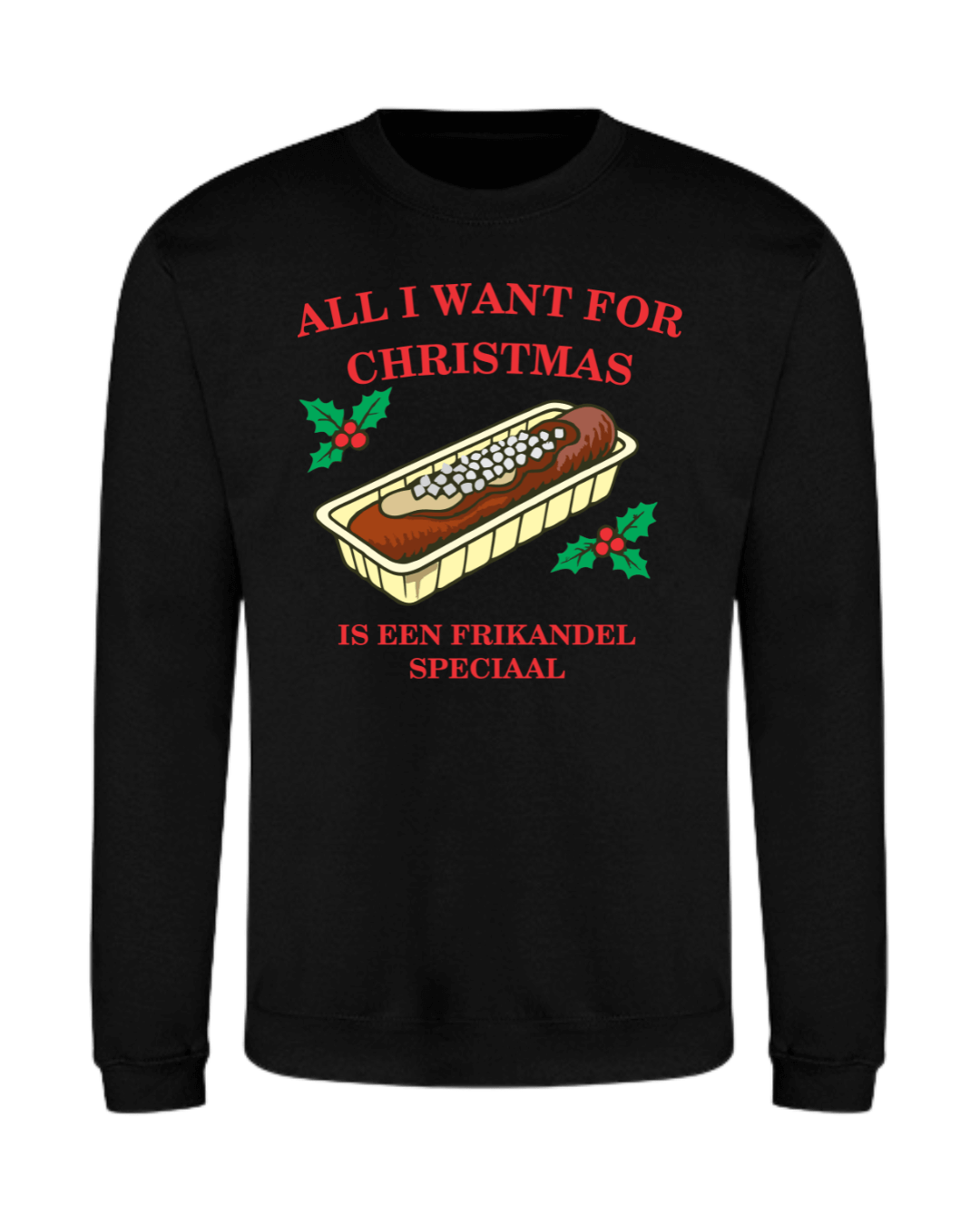 Kerst Sweater “Frikandel Speciaal” met kerstprint en zwarte kleur, perfect voor de feestdagen.