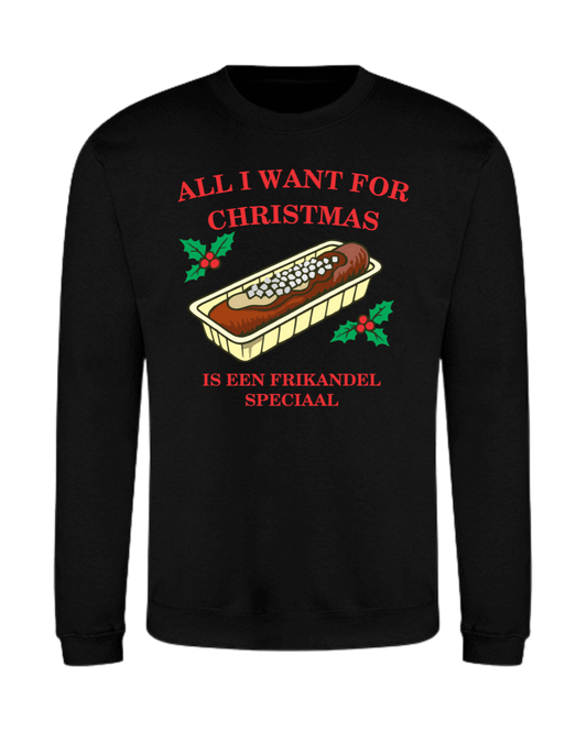 Kerst Sweater “Frikandel Speciaal” met kerstprint en zwarte kleur, perfect voor de feestdagen.
