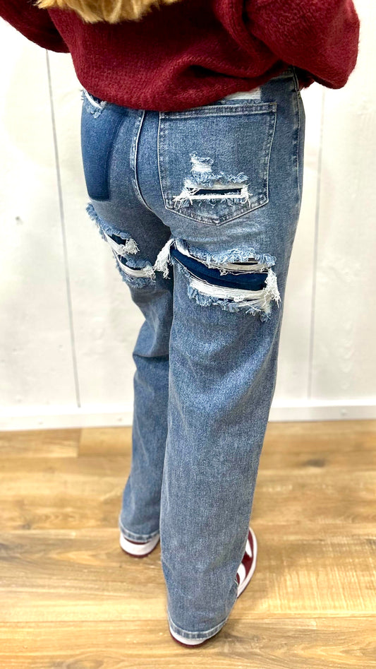 Wide Leg Damaged Jeans Blue