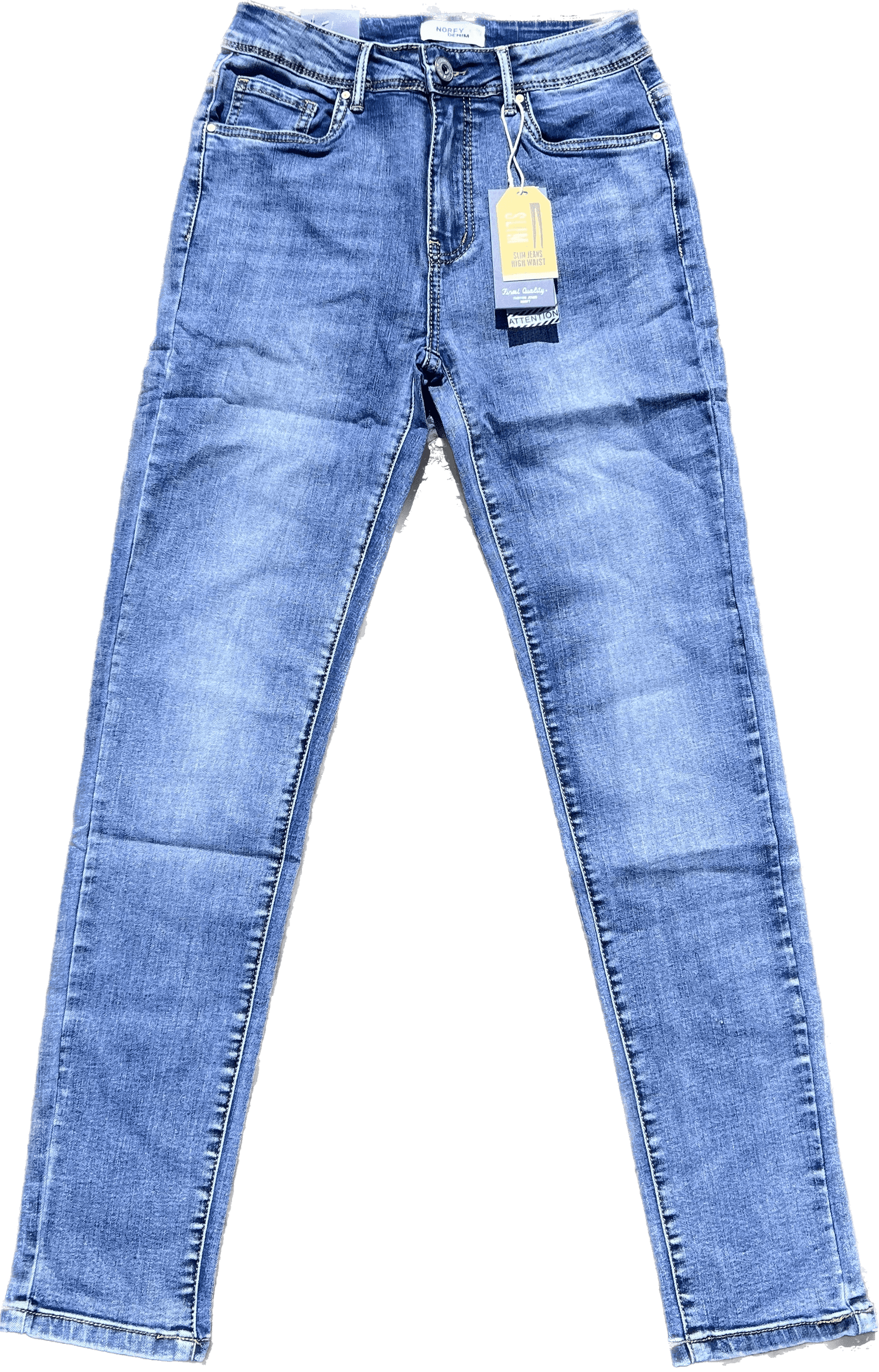 Norfy dames jeans in stone used kleur, hoog model, slimfit, 5-pocket stijl met ritssluiting.